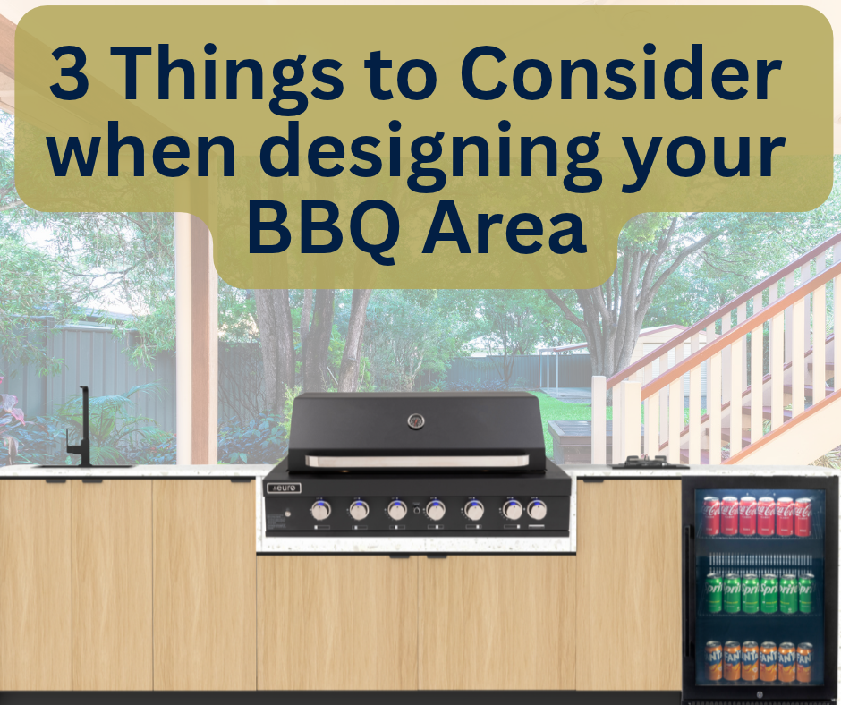 Promotional image with the text '3 things to consider when designing your BBQ area' above a Euro Alfresco Outdoor Kitchen.