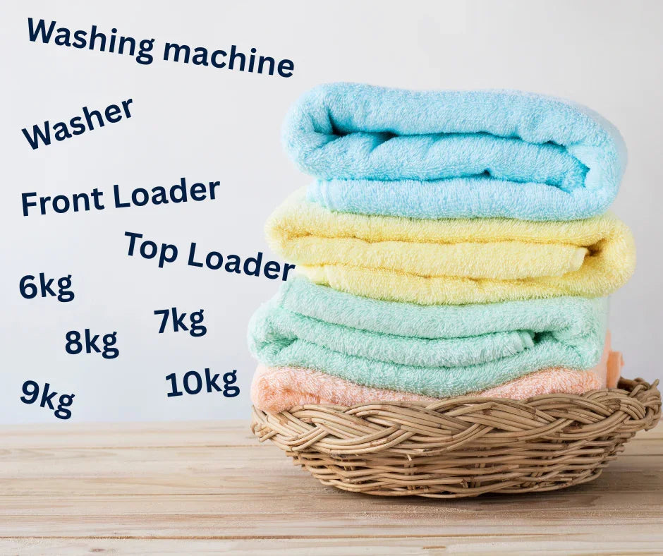 Stacked colorful towels in wicker basket with washing machine capacity labels: 6kg to 10kg, front & top loader options