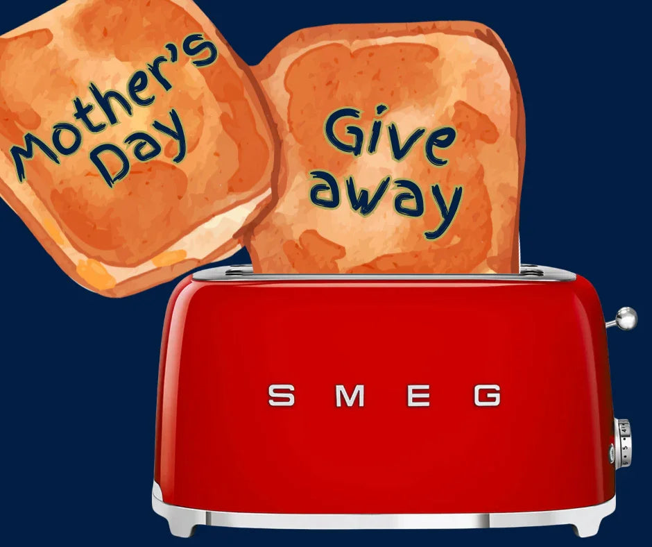 Red SMEG toaster with Mother's Day Giveaway toast, perfect for kitchen appliance gifts