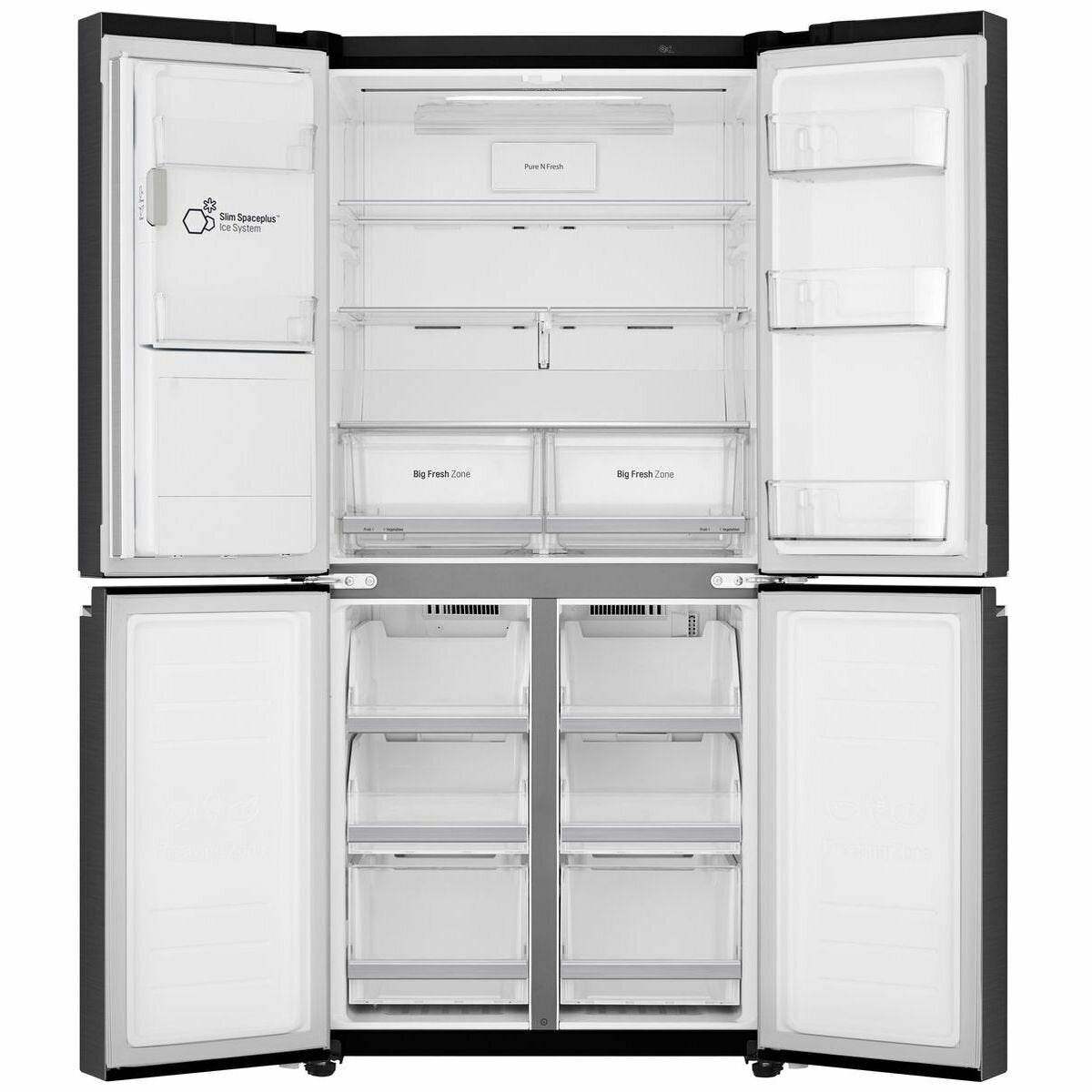 Quad-door black glass refrigerator with open doors, spacious shelves, and storage bins