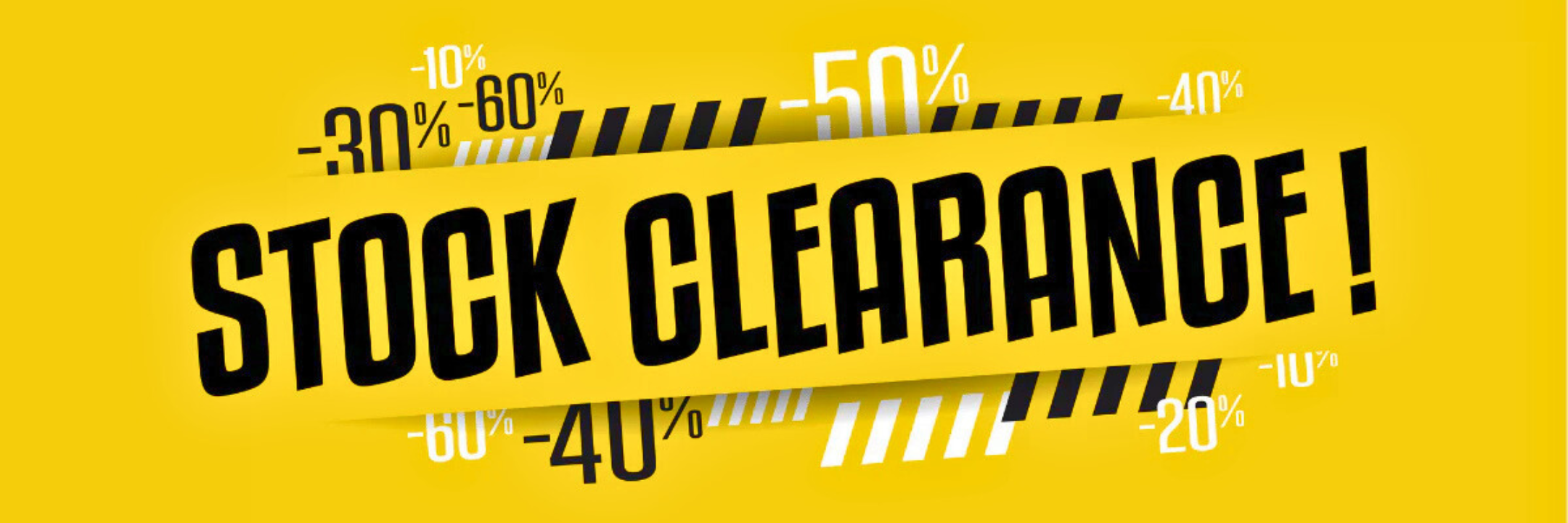 Yellow stock clearance banner with bold text and percentage discounts in the background
