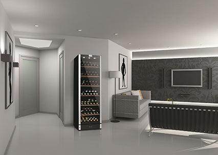 Modern wine cooler in sleek kitchen with designer appliances and contemporary decor