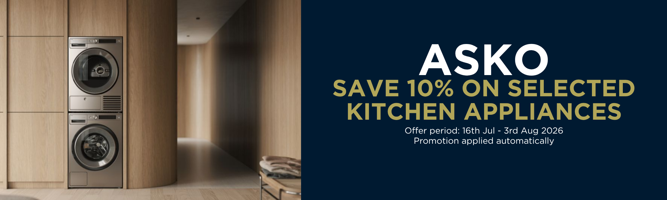 ASKO laundry appliances in modern kitchen with 10% off promotion