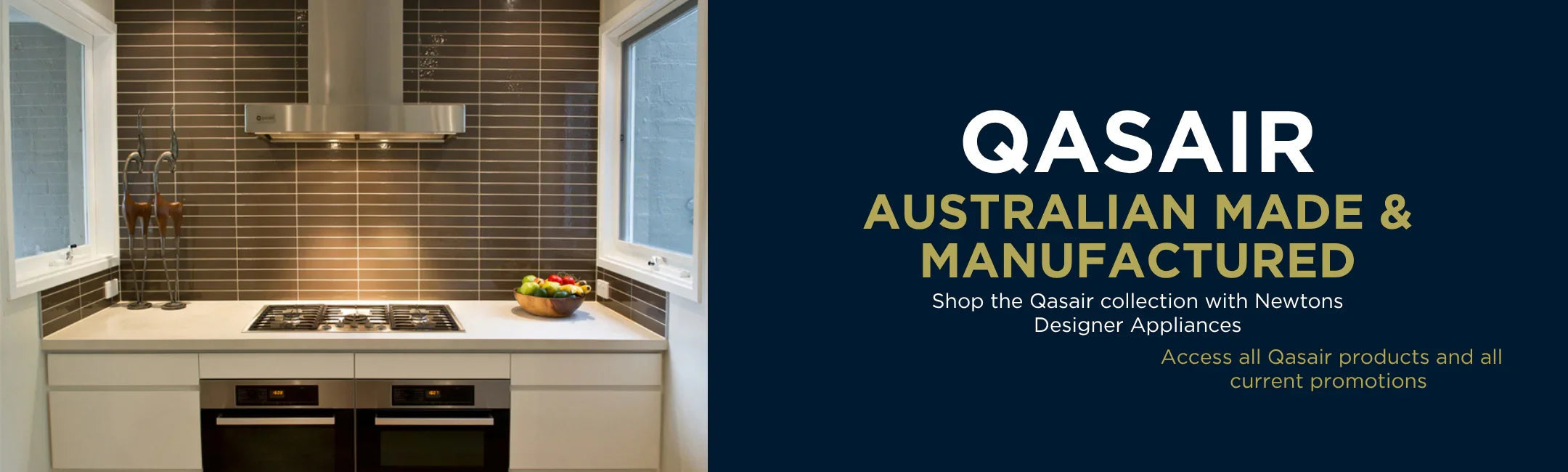 Modern kitchen with Qasair Australian-made appliances, sleek white cabinetry, and stainless steel rangehood