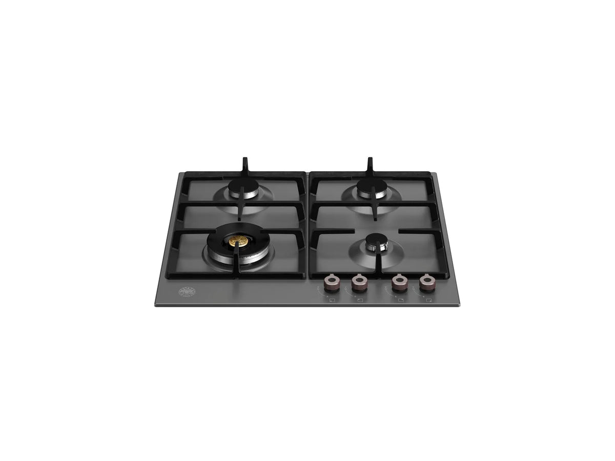 Modern black four-burner gas cooktop with cast iron grates and control knobs