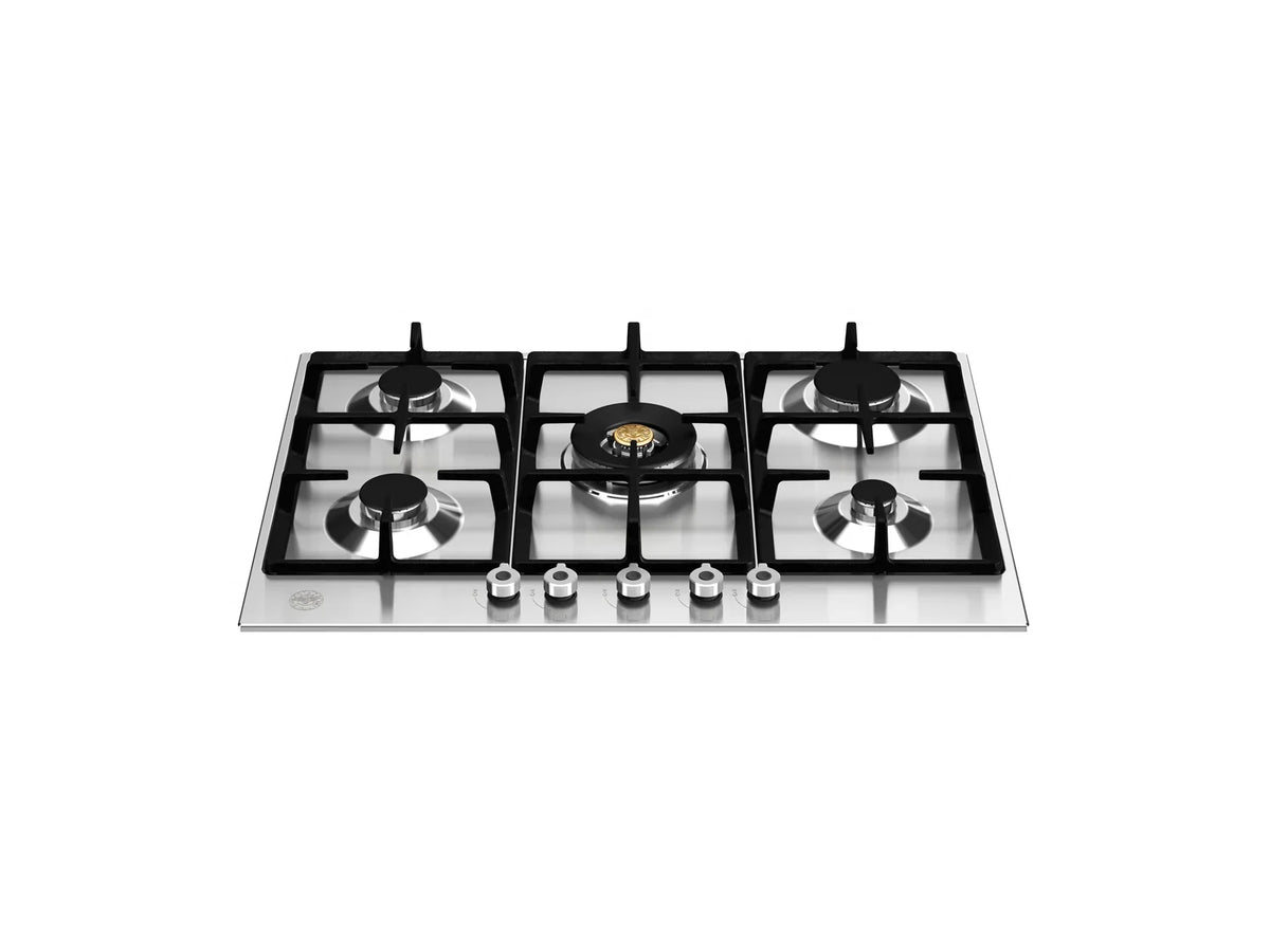 Stainless steel 5-burner gas cooktop with black cast iron grates