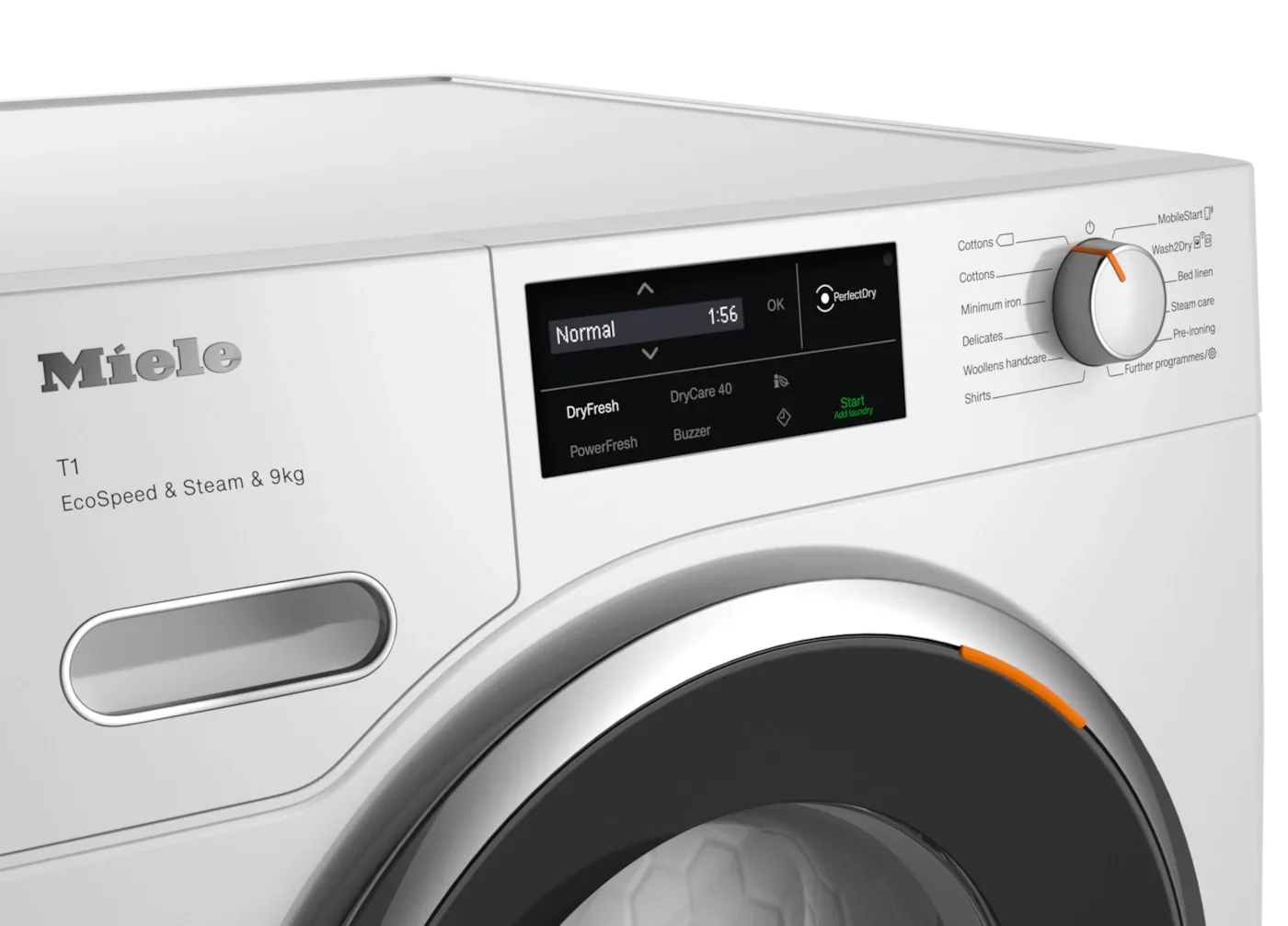 Front control panel of a modern white washing machine with digital display and cycle selector knob