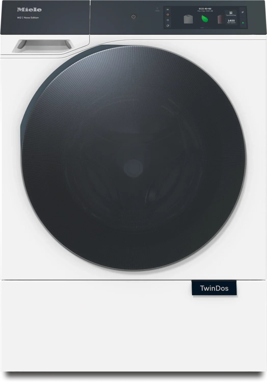 Miele W2 Nova Edition TwinDos washing machine with sleek black glass door and digital display
