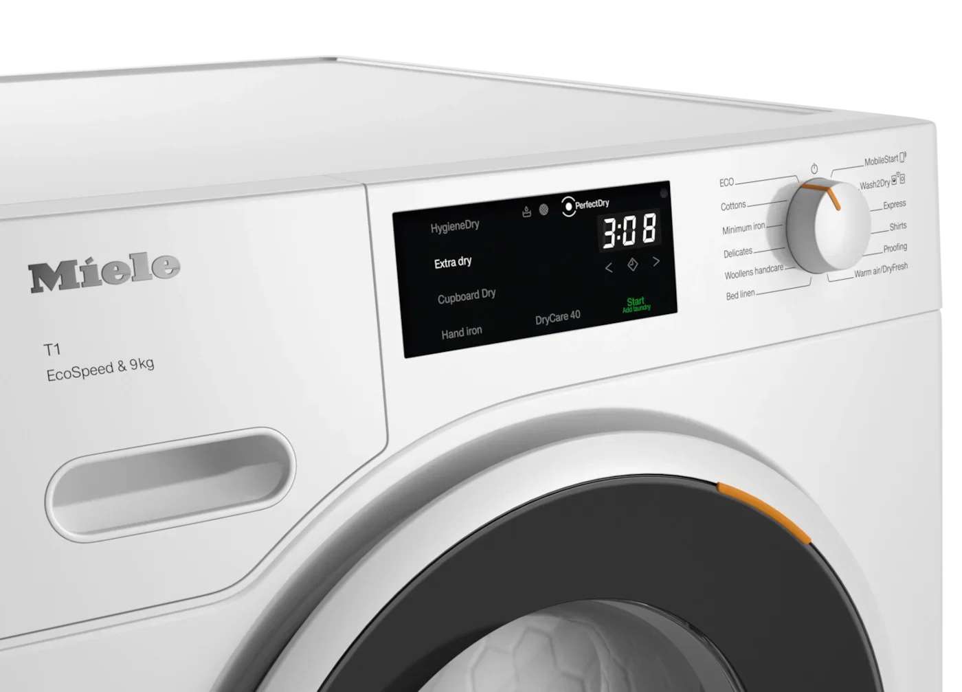 Miele T1 EcoSpeed 9kg washing machine with digital display and control dial