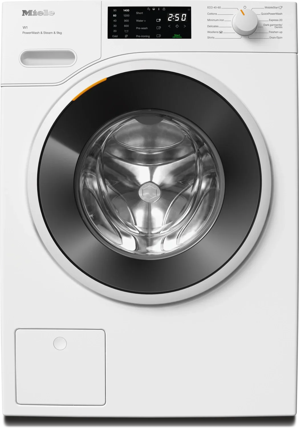 Miele W1 9kg front load washing machine with PowerWash & Steam, digital display, and control dial