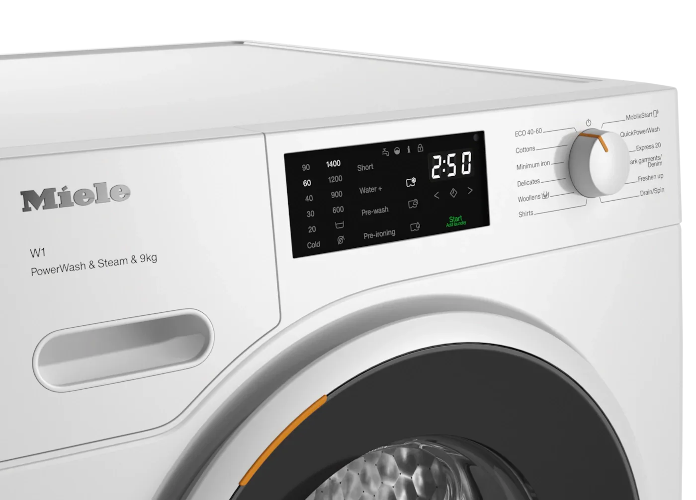 Miele W1 PowerWash & Steam 9kg washing machine with digital display and control dial
