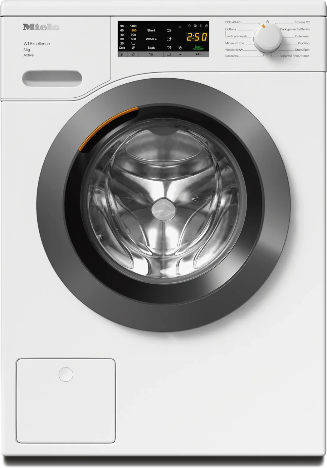 Miele W1 Excellence 8kg front load washing machine with digital display and control dial