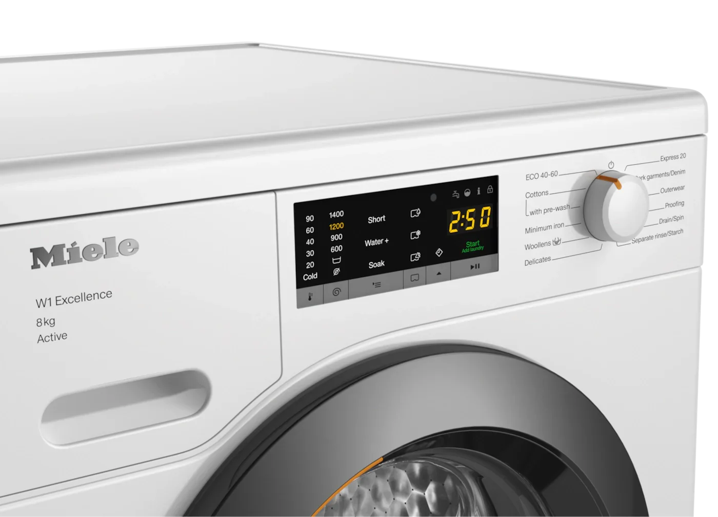 Miele W1 Excellence 8kg Active washing machine with digital display and control panel