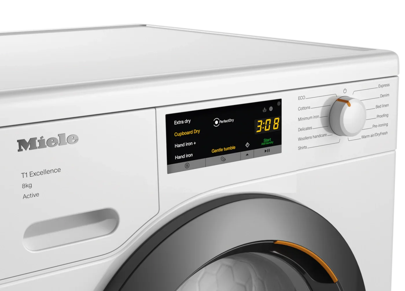 Miele T1 Excellence 8kg washing machine with digital display and control dial