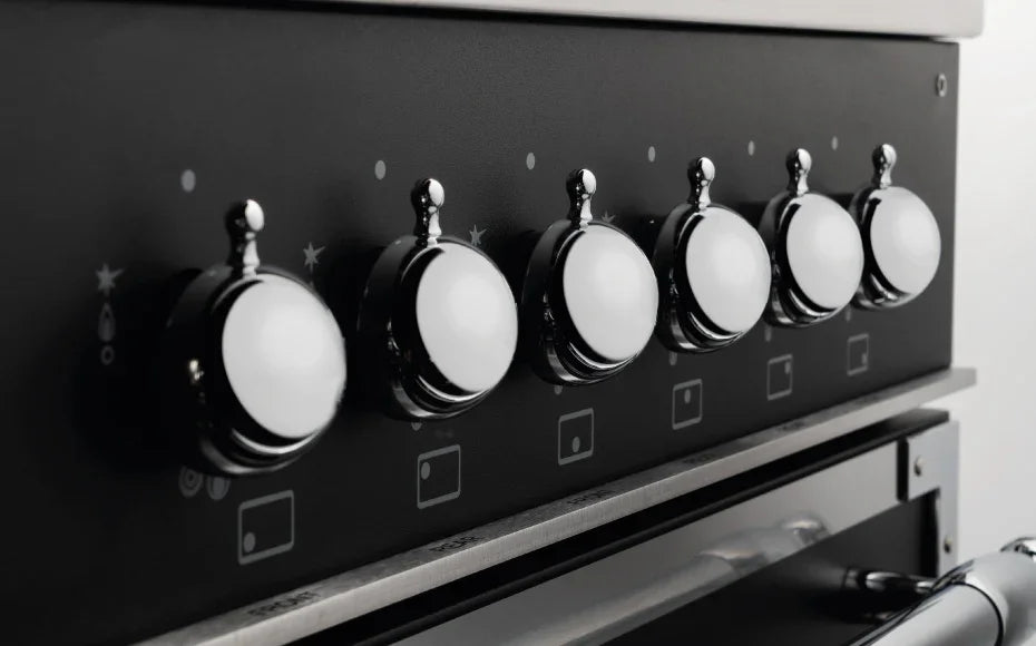 Falcon premium European glass black upright 1100mm induction cooker with chrome knobs