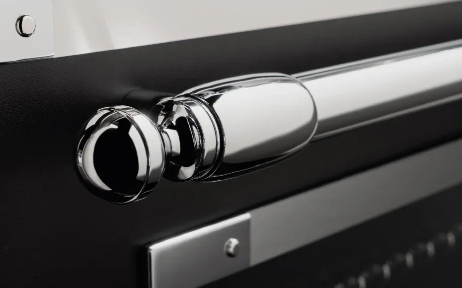 Falcon premium European glass black upright 1100mm induction cooker with chrome handle detail