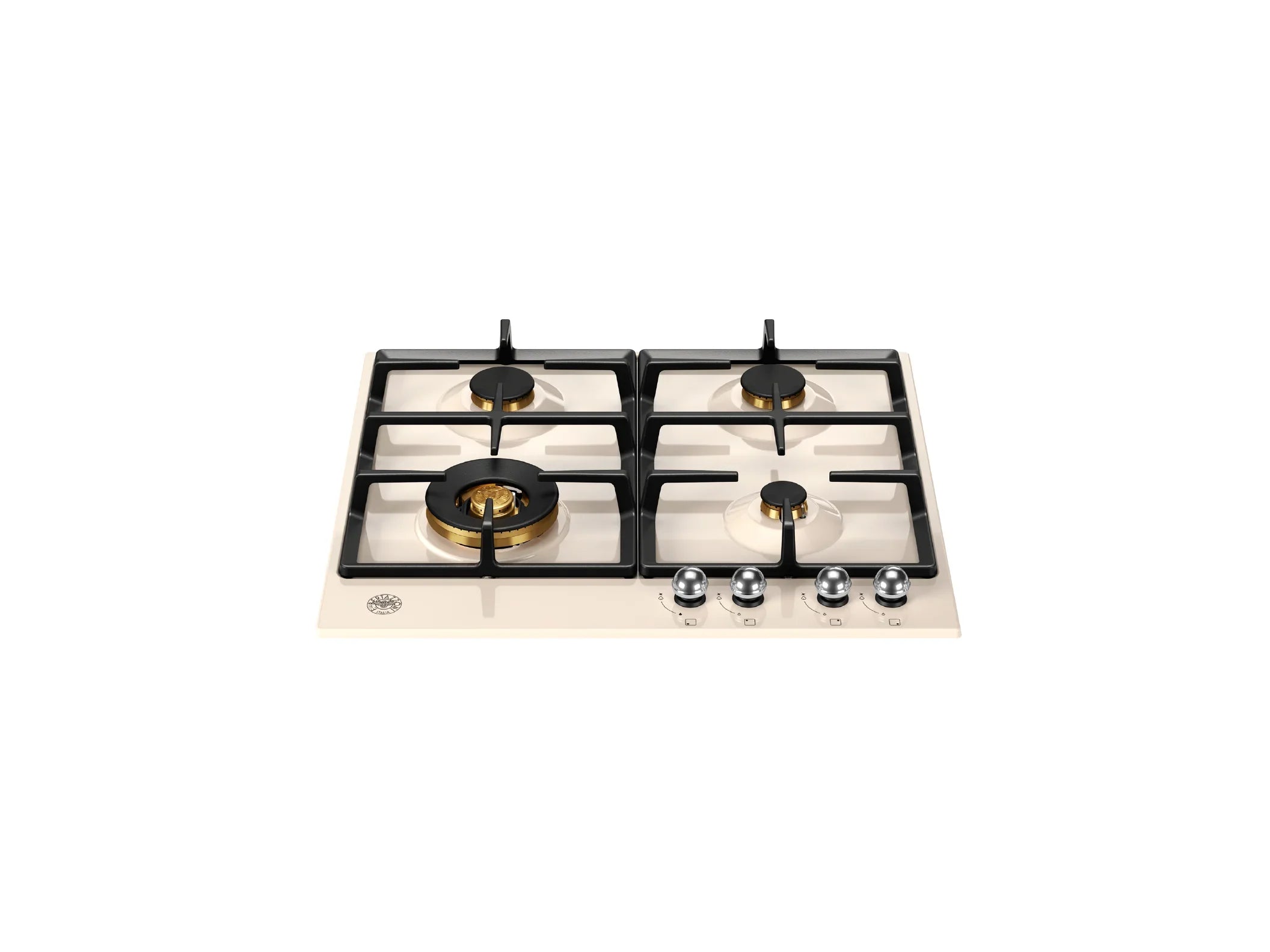 Cream-colored built-in gas cooktop with four burners and gold accents
