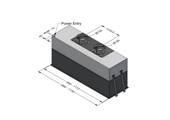 Technical drawing for Bertazzoni 86cm and 113cm wide, 380mm deep built under rangehoods