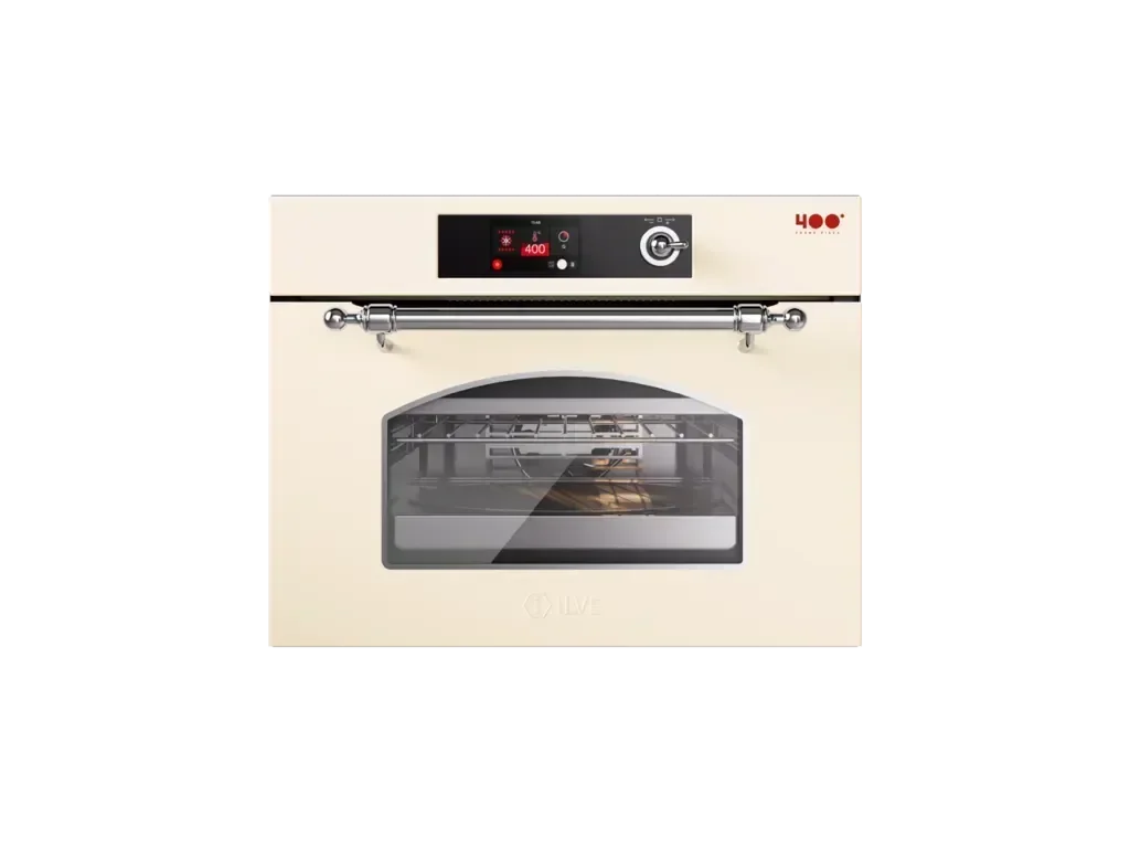Cream-colored European-style oven with glass door and digital controls