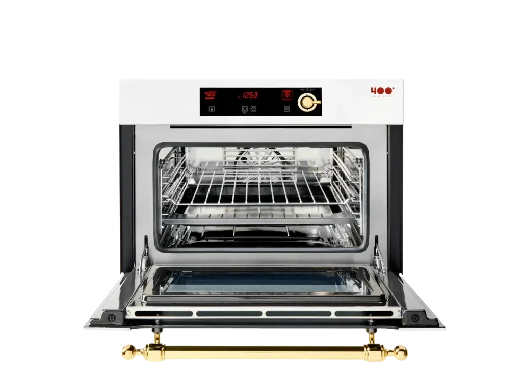 Falcon premium European Glass Black Upright 1100mm Induction Cooker with open oven door