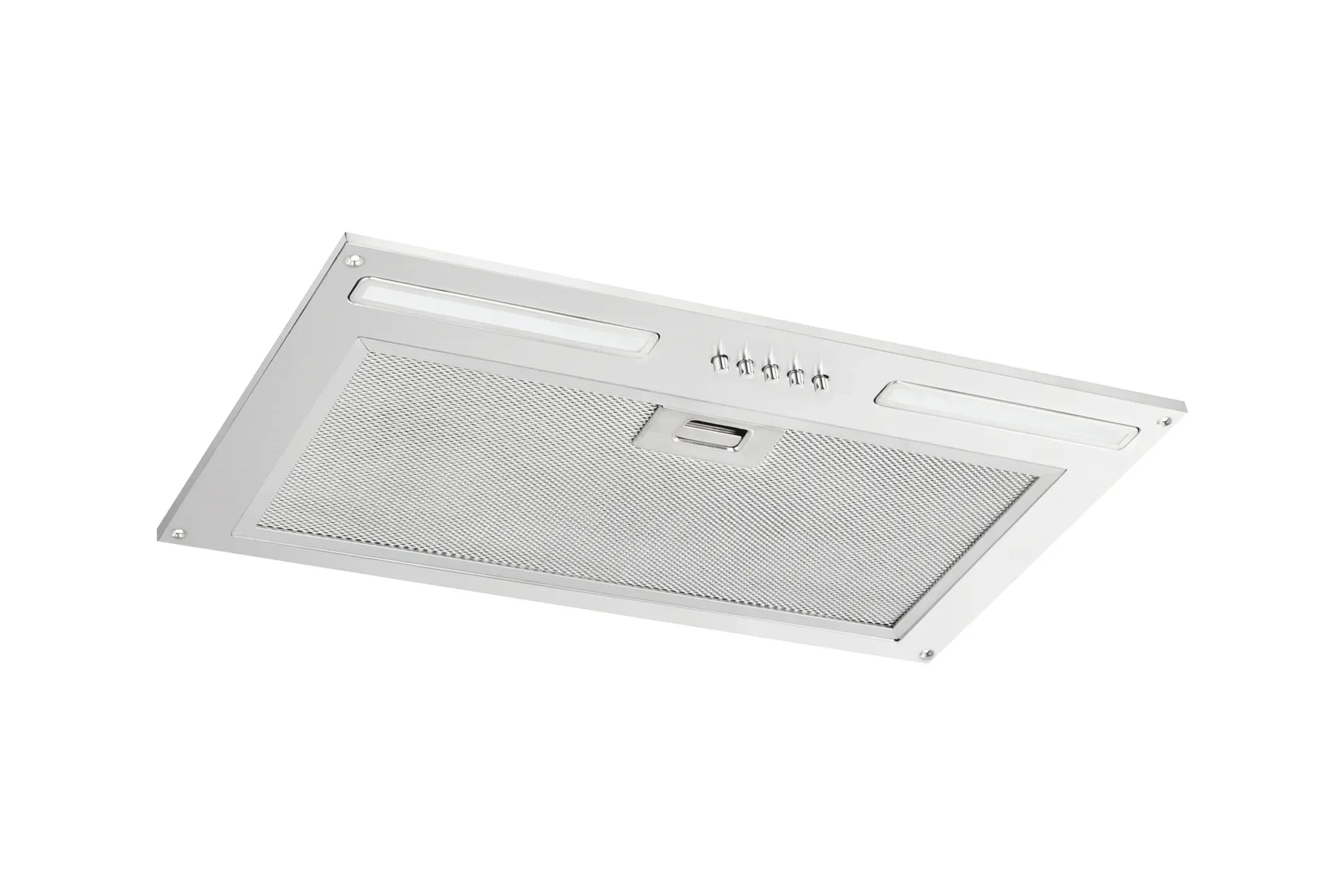 Stainless steel ceiling-mounted range hood with integrated lighting and control buttons