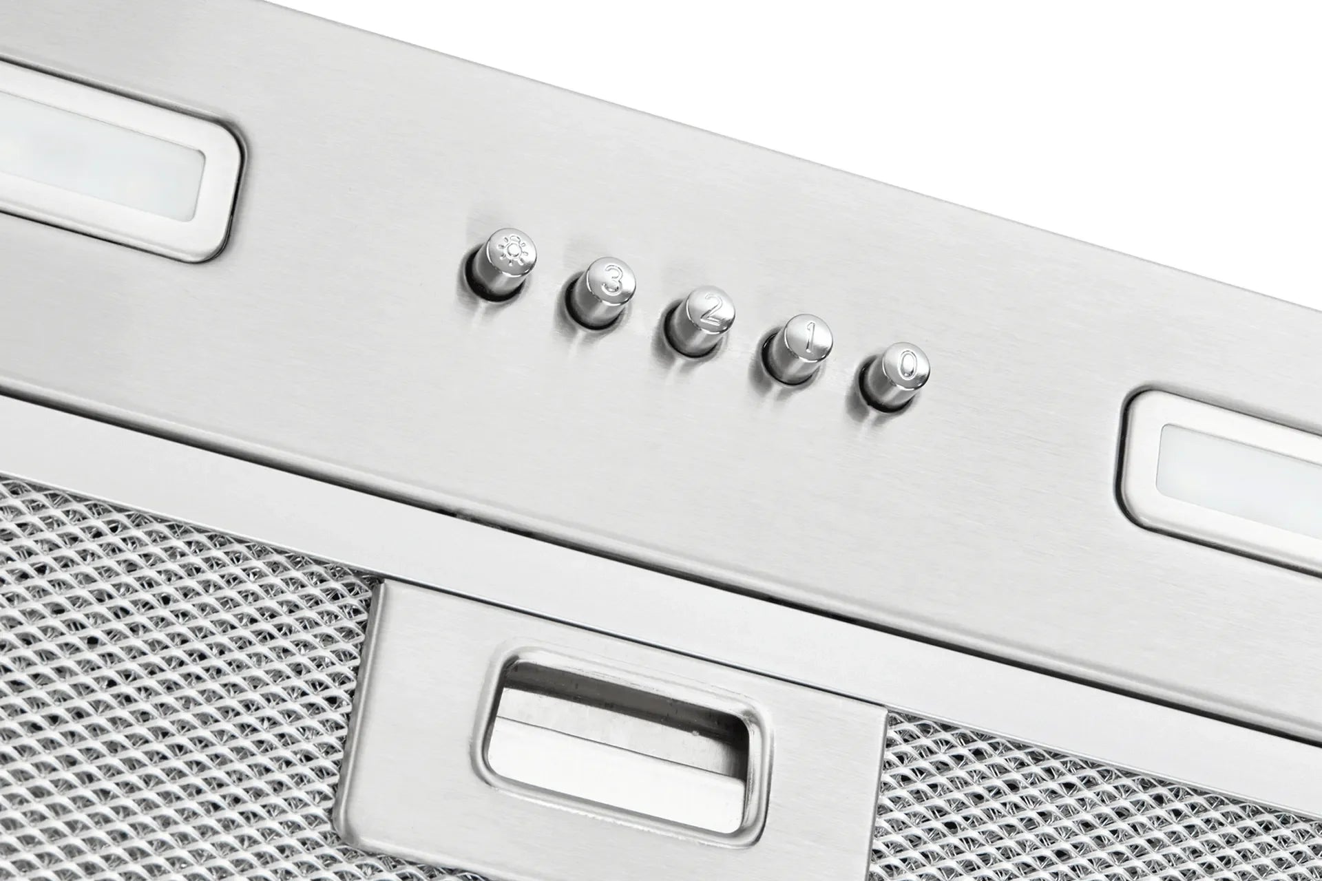 Close-up of stainless steel control knobs and mesh grill on a designer kitchen appliance.