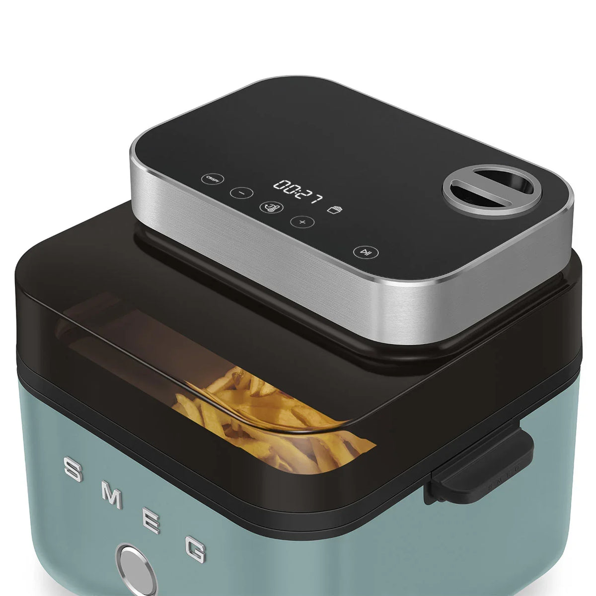 Smeg 7.3L Air Fryer in Emerald Green with touch controls and french fries inside.