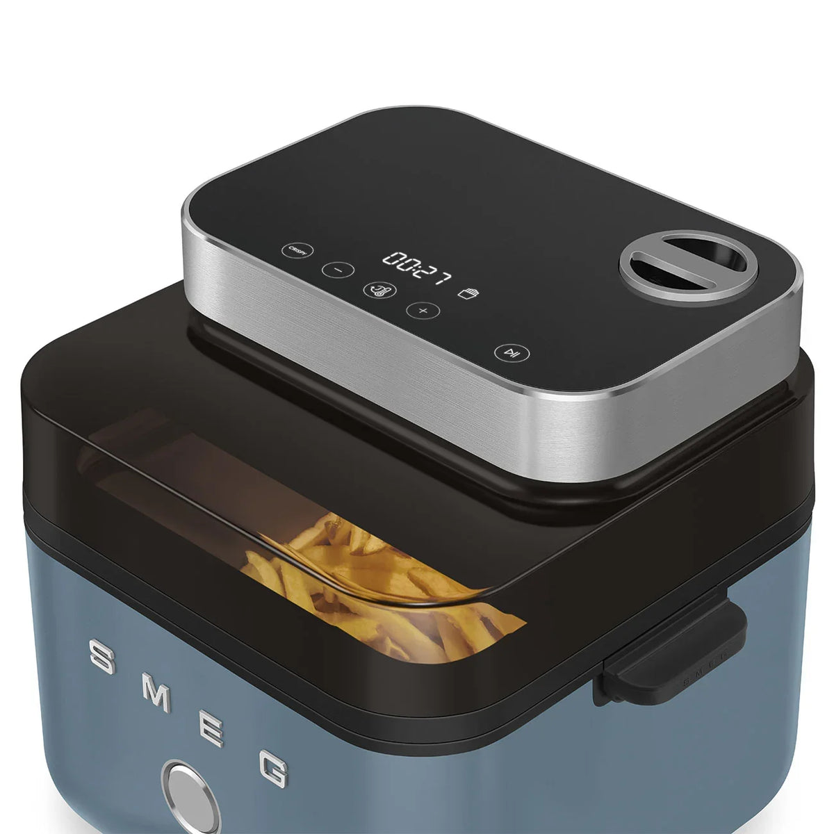 Smeg 7.3L Air Fryer in Storm Blue with a transparent window showing french fries inside.