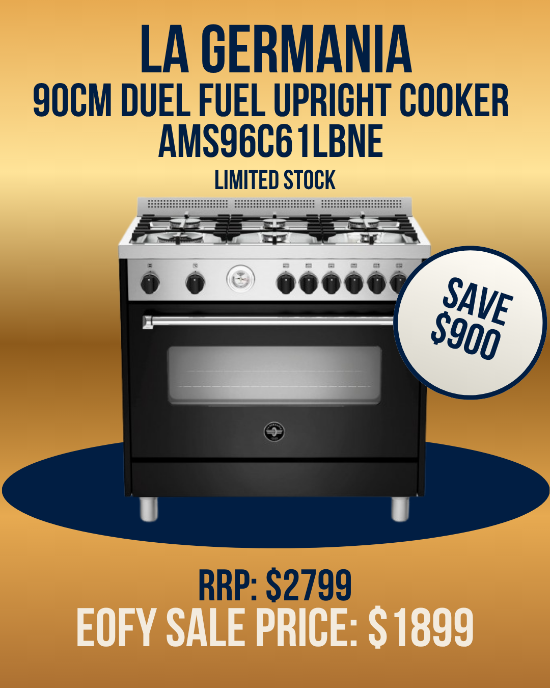 La Germania 90cm Americana Duel Fuel Upright Cooker - AMS96C61LBNE *Limited Stock*