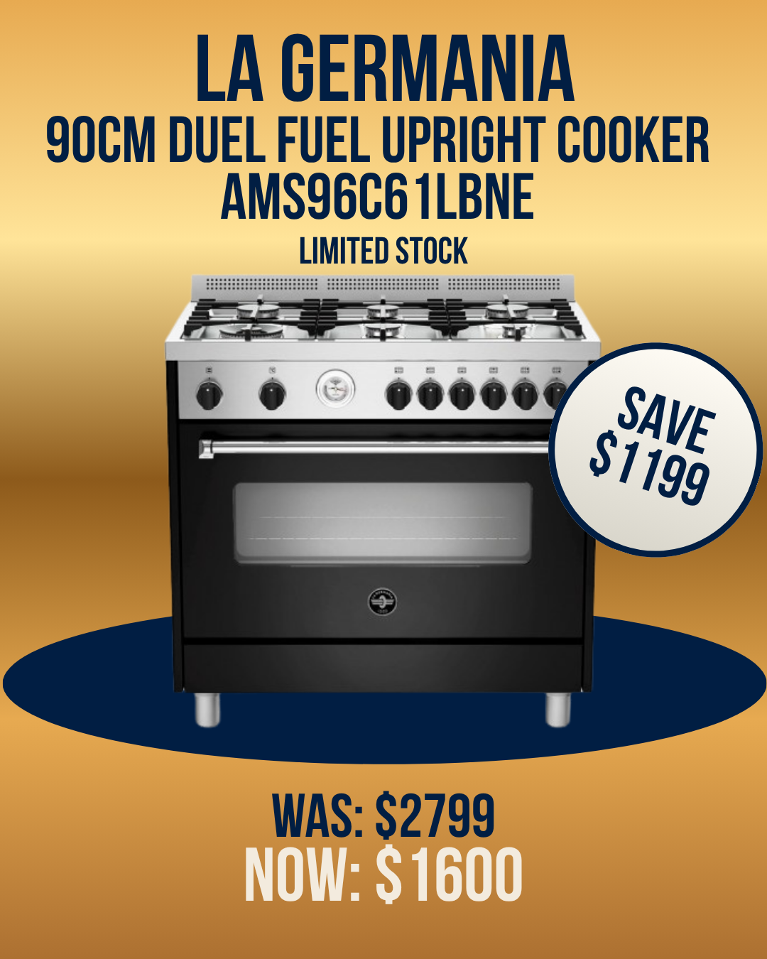 La Germania 90cm Americana Duel Fuel Upright Cooker - AMS96C61LBNE *Limited Stock*