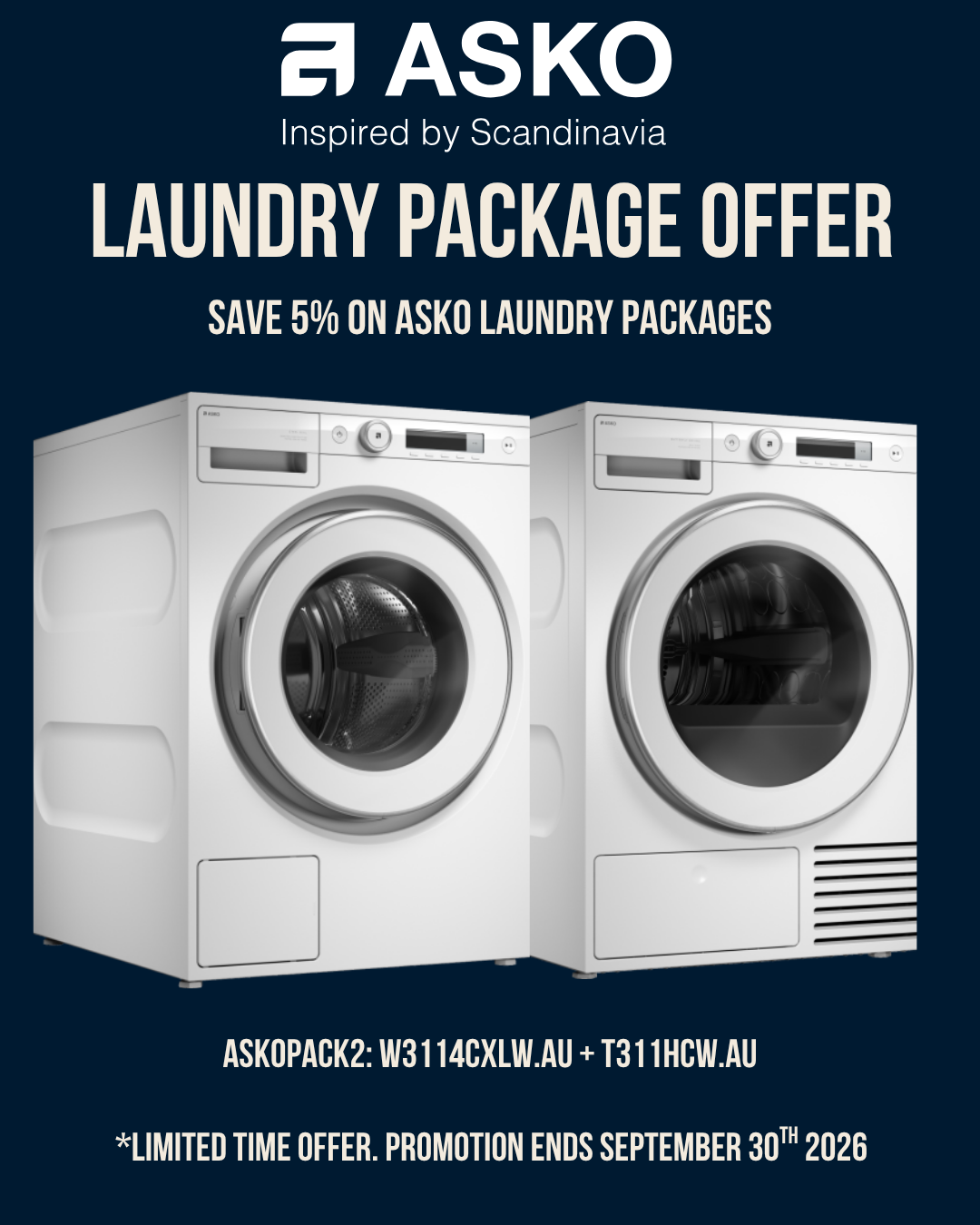 Asko Laundry Package Offer 11kg Logic Washer + Dryer - W3114CXLW.AU + T311HCXLW.AU