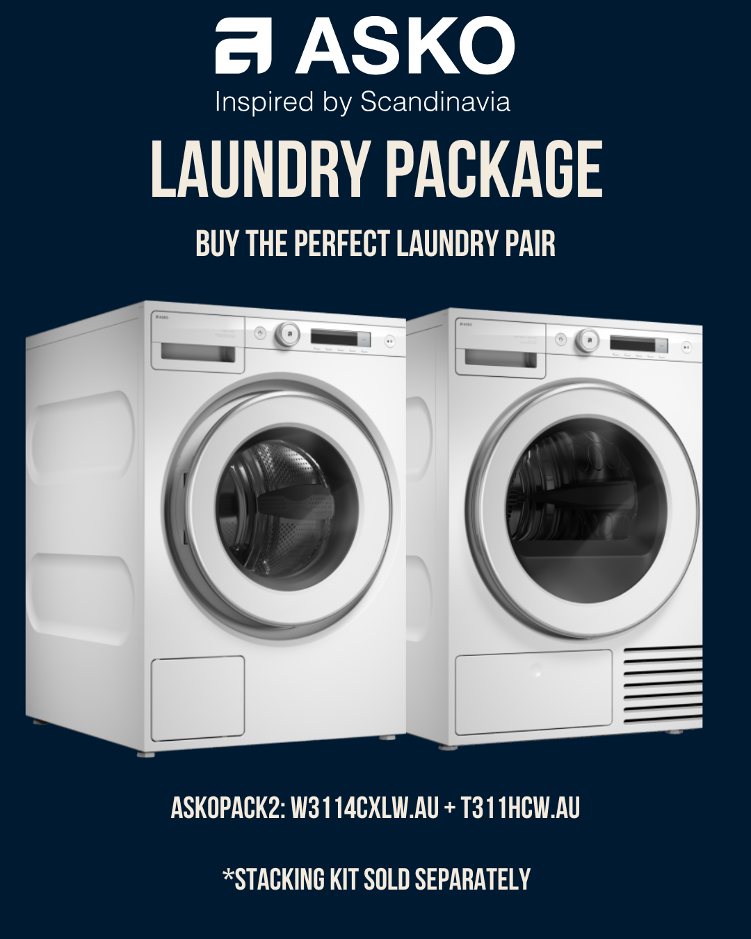 Asko Laundry Package Offer 11kg Logic Washer + Dryer - W3114CXLW.AU + T311HCXLW.AU