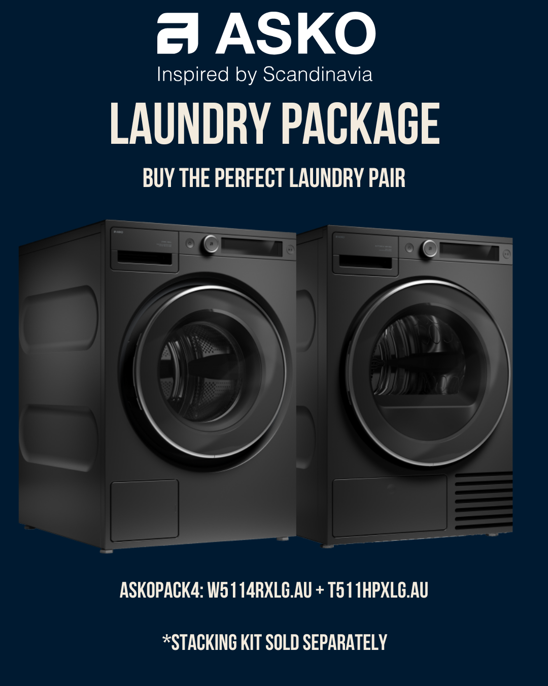 Asko Laundry Package Offer 11kg Style Washer + Dryer - W5114RXLG.AU + T511HPXLG.AU