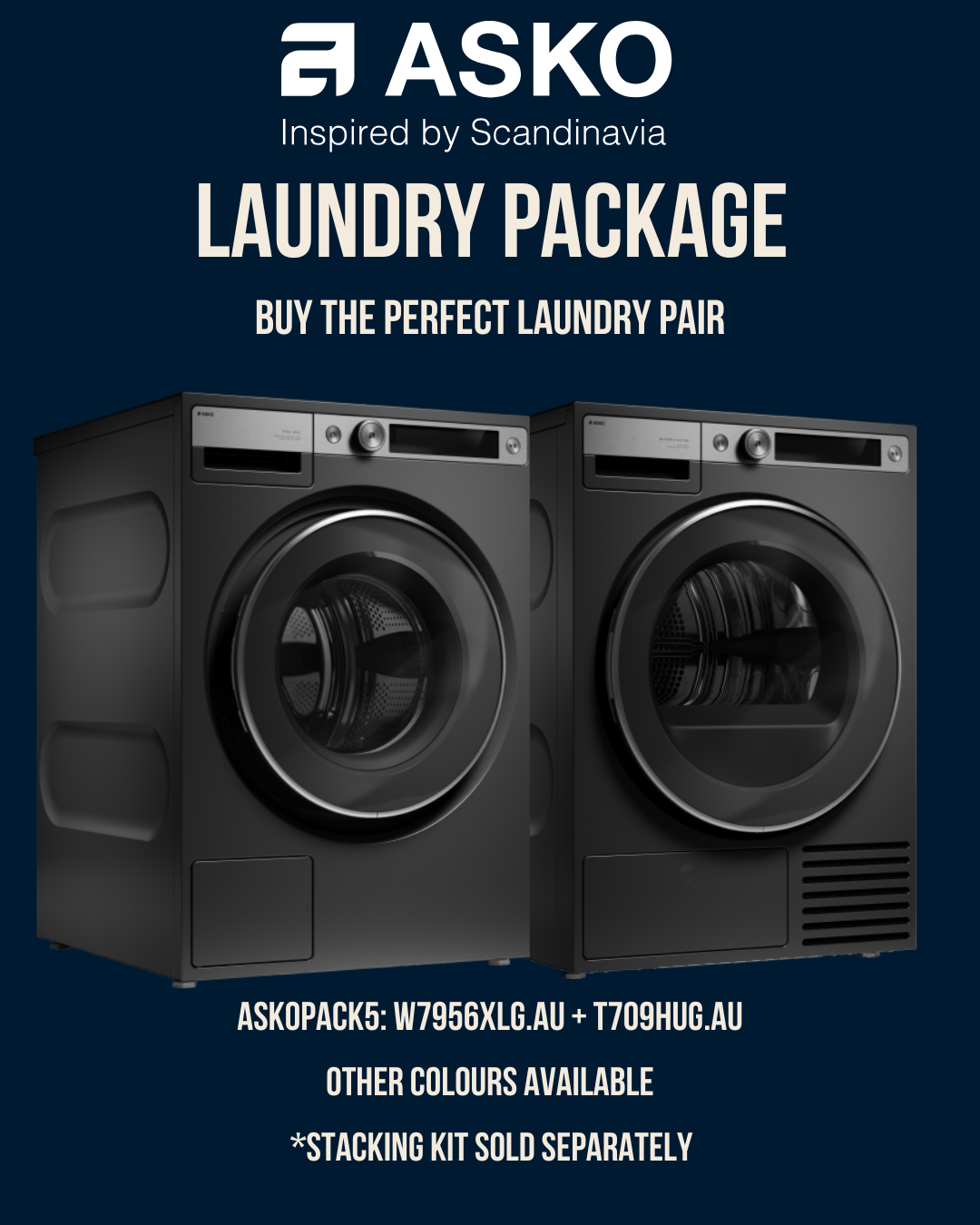 Asko Laundry Package Offer 9.5kg Style+ Washer + Dryer - W7956XLG.AU + T709HUG.AU