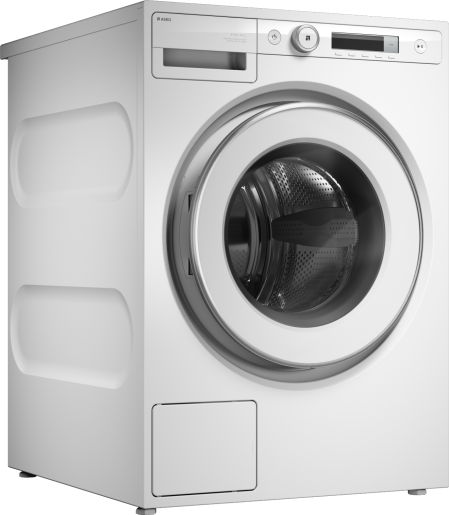 White front load washing machine with digital display and control panel for modern kitchen appliance setup