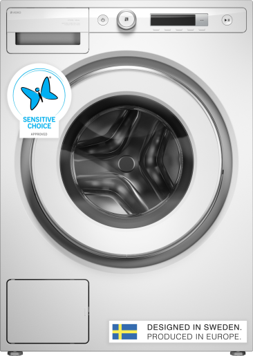 Asko 8kg Washer W3086CW.AU front of washing machine with sensitive choice sticker