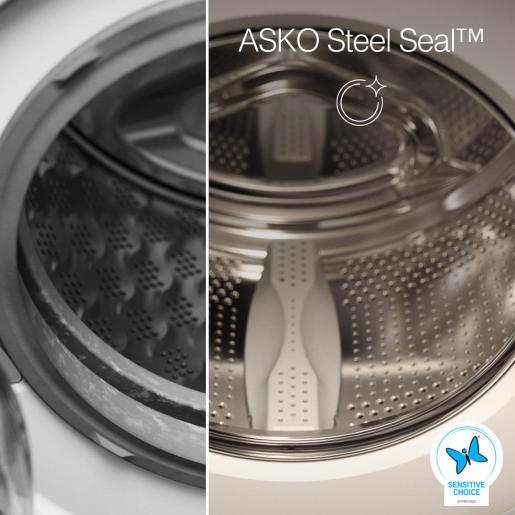 Asko 8kg Washer W3086CW.AU close up of steel seal, highlighting difference between this product and those with rubber seals