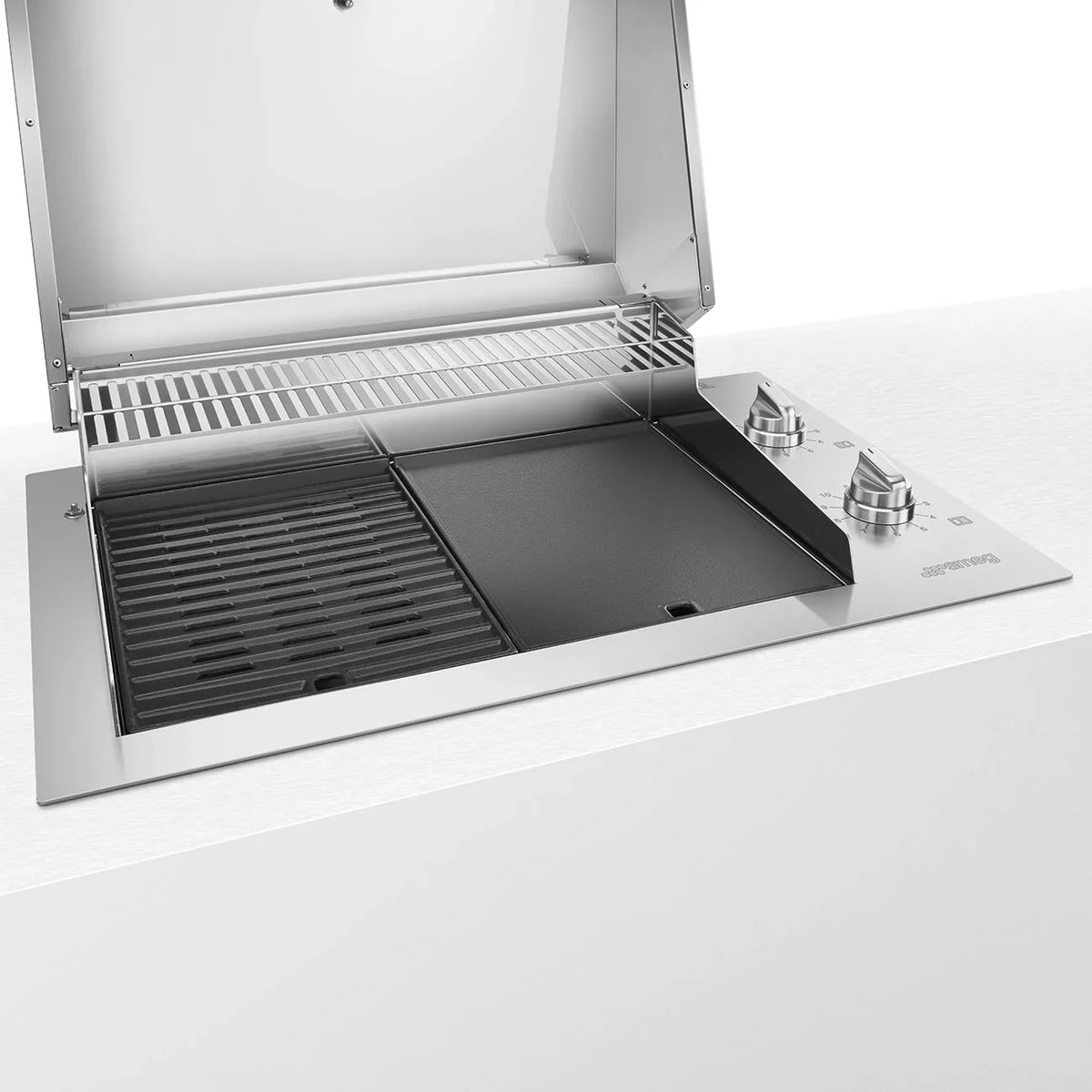 Smeg 90cm built-in electric barbecue BBQE90XAU in stainless steel with open lid