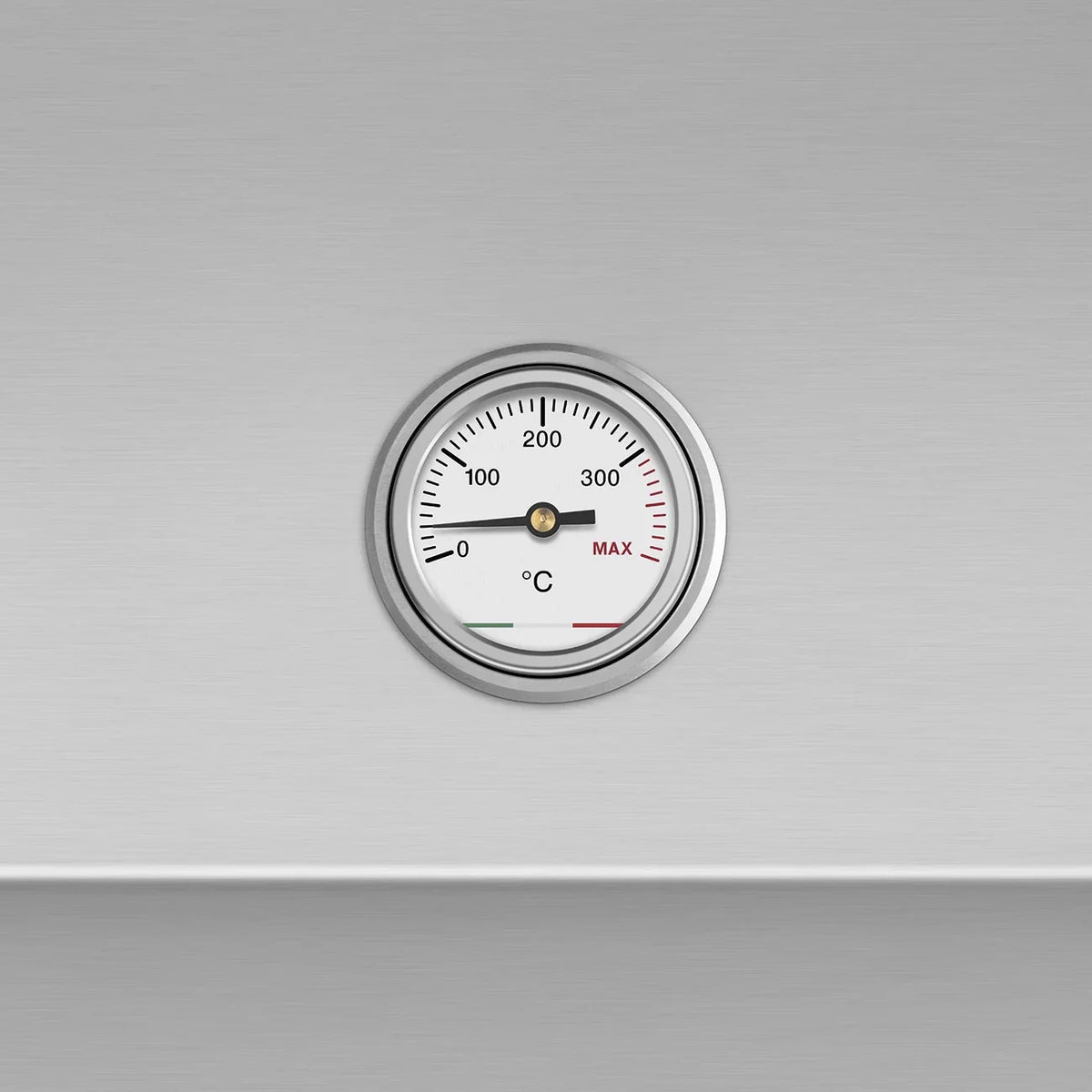 Close-up of the circular temperature gauge on a Smeg built-in electric barbecue.