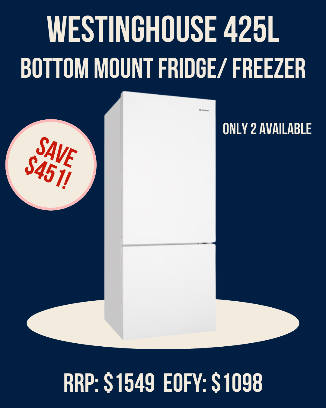 Westinghouse 425L bottom freezer fridge WBE4302WC-R