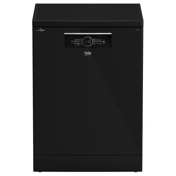 Beko black dishwasher with digital control panel, sleek modern design for kitchen appliance
