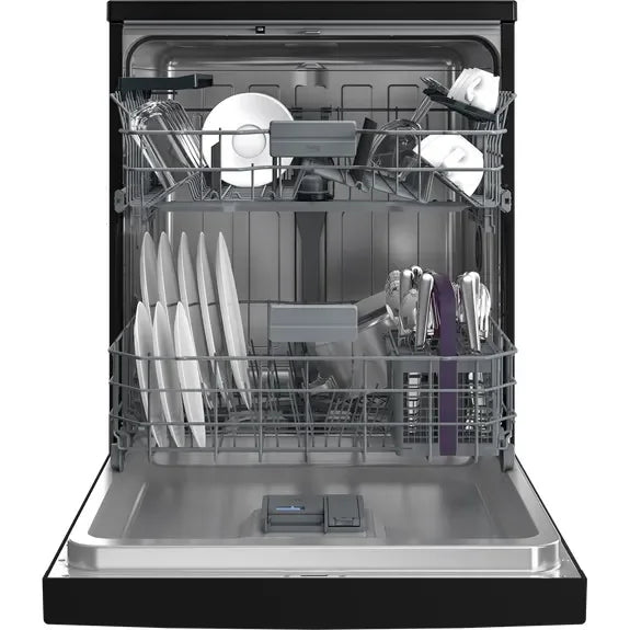 Black upright dishwasher with clean dishes and utensils inside, modern kitchen appliance