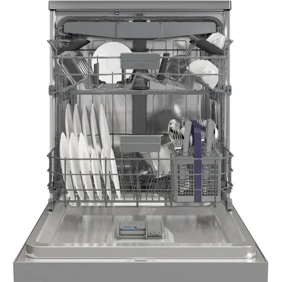 Open dishwasher with clean dishes and utensils inside, modern kitchen appliance