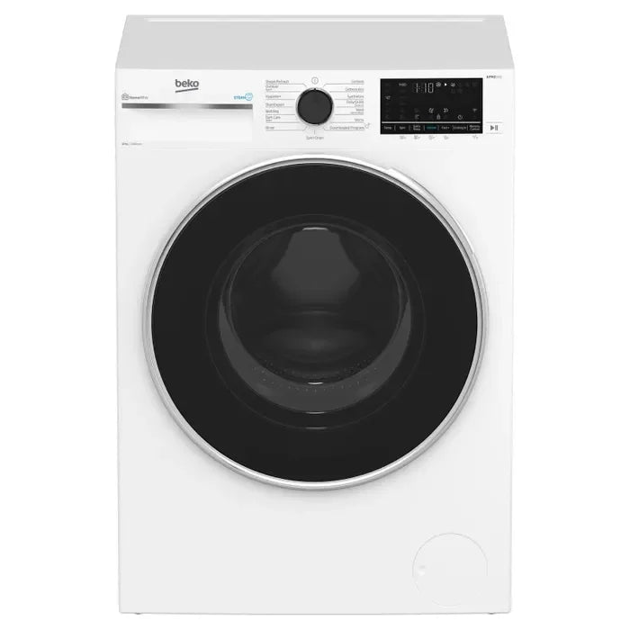 Beko white front load washing machine with digital display and control panel