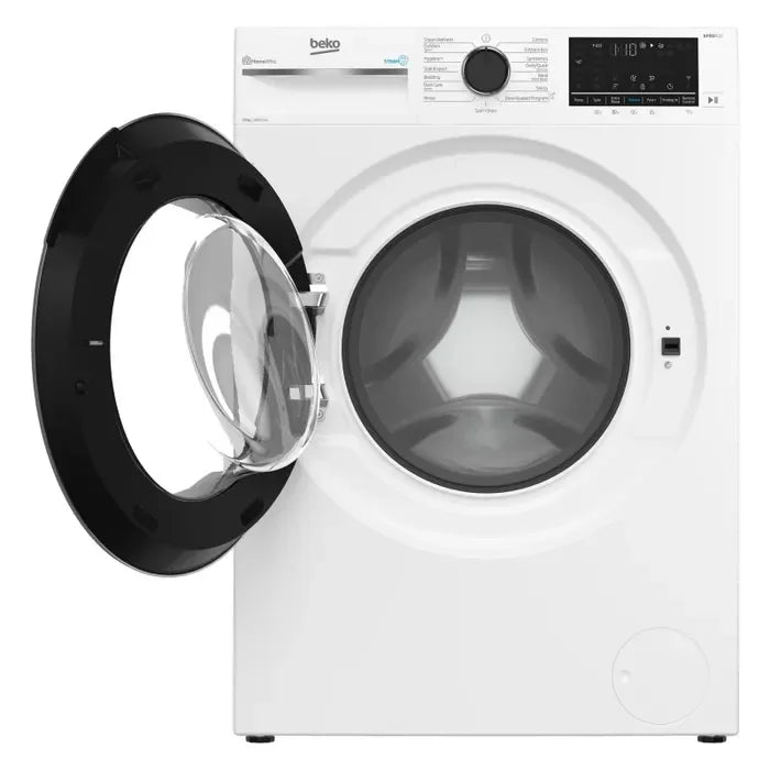Beko white front load washing machine with open door and digital display