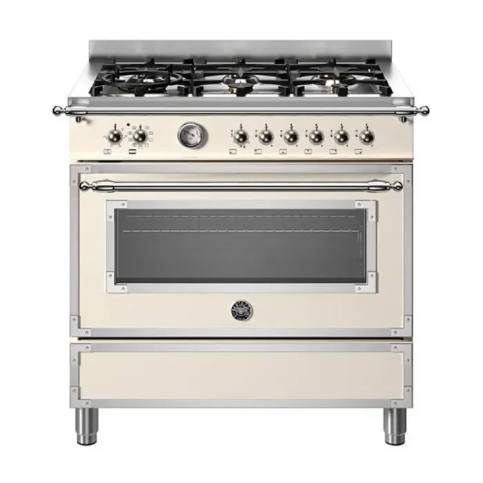 Falcon premium European glass black upright 1100mm induction cooker with cream finish and stainless steel trim