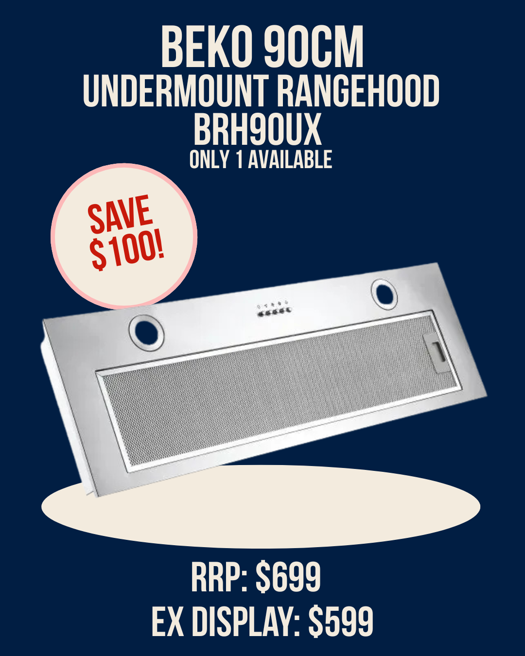 Beko 90cm Undermount Rangehood - Stainless Steel BRH90UX ex display