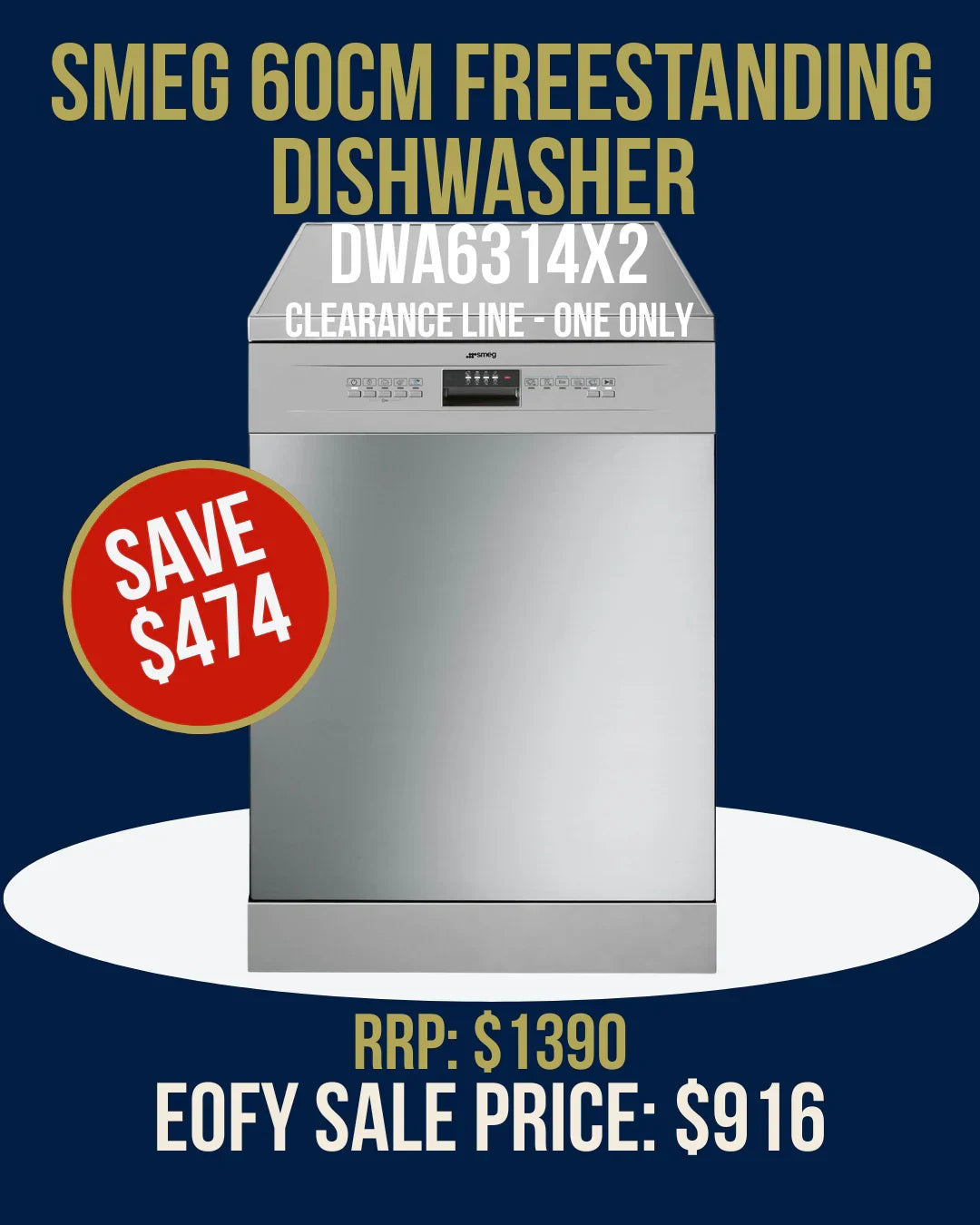 Smeg 60cm freestanding dishwasher DWA6314X2, clearance sale, save $474, stainless steel design