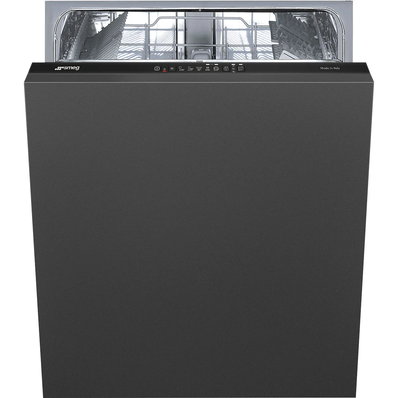 Sleek black Smeg dishwasher with control panel and open interior, made in Italy