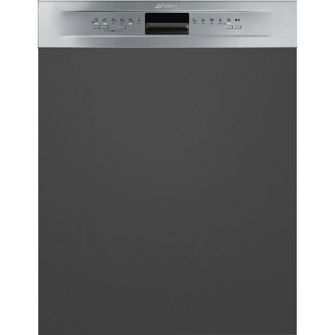 Stainless steel dishwasher with control panel and dark front panel